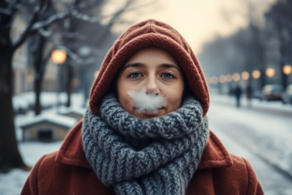 Person using the scarf breathing technique for winter lung protection in a cold environment.