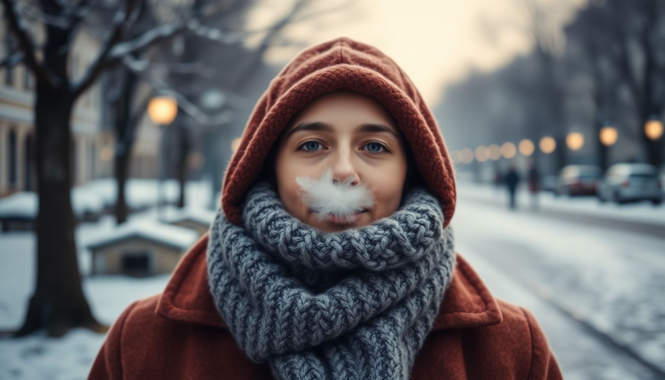 Person using the scarf breathing technique for winter lung protection in a cold environment.