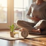 A simple 10-minute daily lung maintenance routine setup with a yoga mat, water, and clock, representing an easy, consistent practice for better breathing.