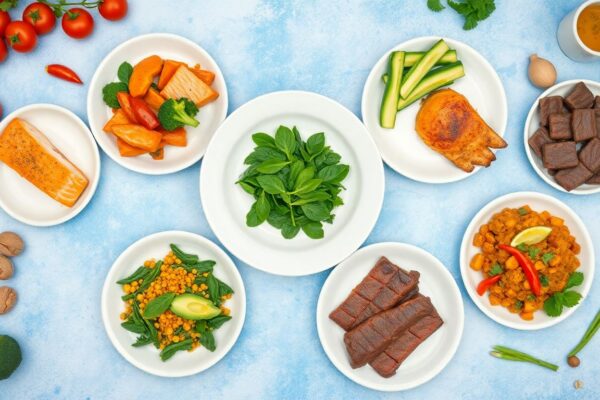 7-day anti-inflammatory diet for prostate health featuring prostate-friendly foods like salmon, tomatoes, broccoli, walnuts, and green tea arranged on plates