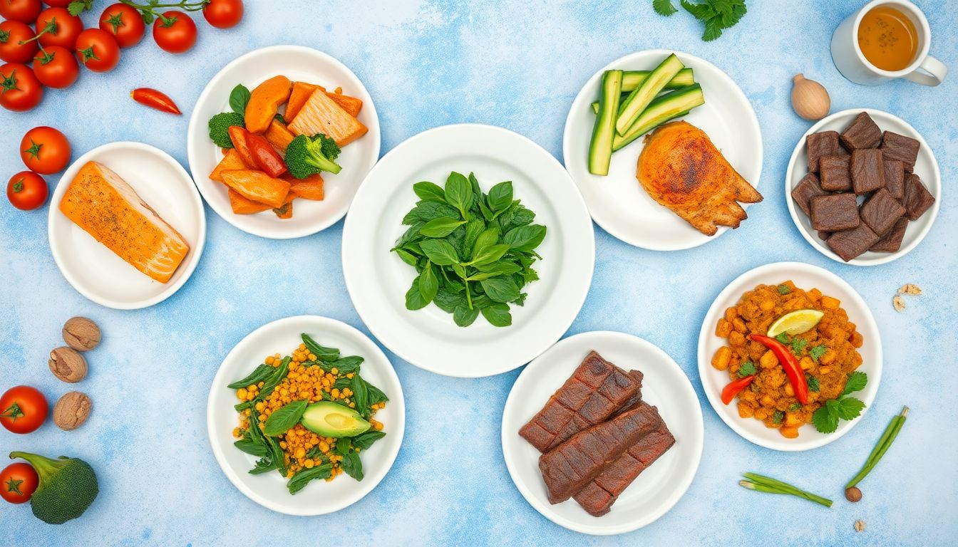 7-day anti-inflammatory diet for prostate health featuring prostate-friendly foods like salmon, tomatoes, broccoli, walnuts, and green tea arranged on plates