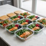 Seven prepped glass containers with anti-inflammatory Mediterranean meals for a 7-day plan