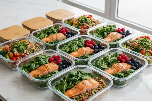 Seven prepped glass containers with anti-inflammatory Mediterranean meals for a 7-day plan