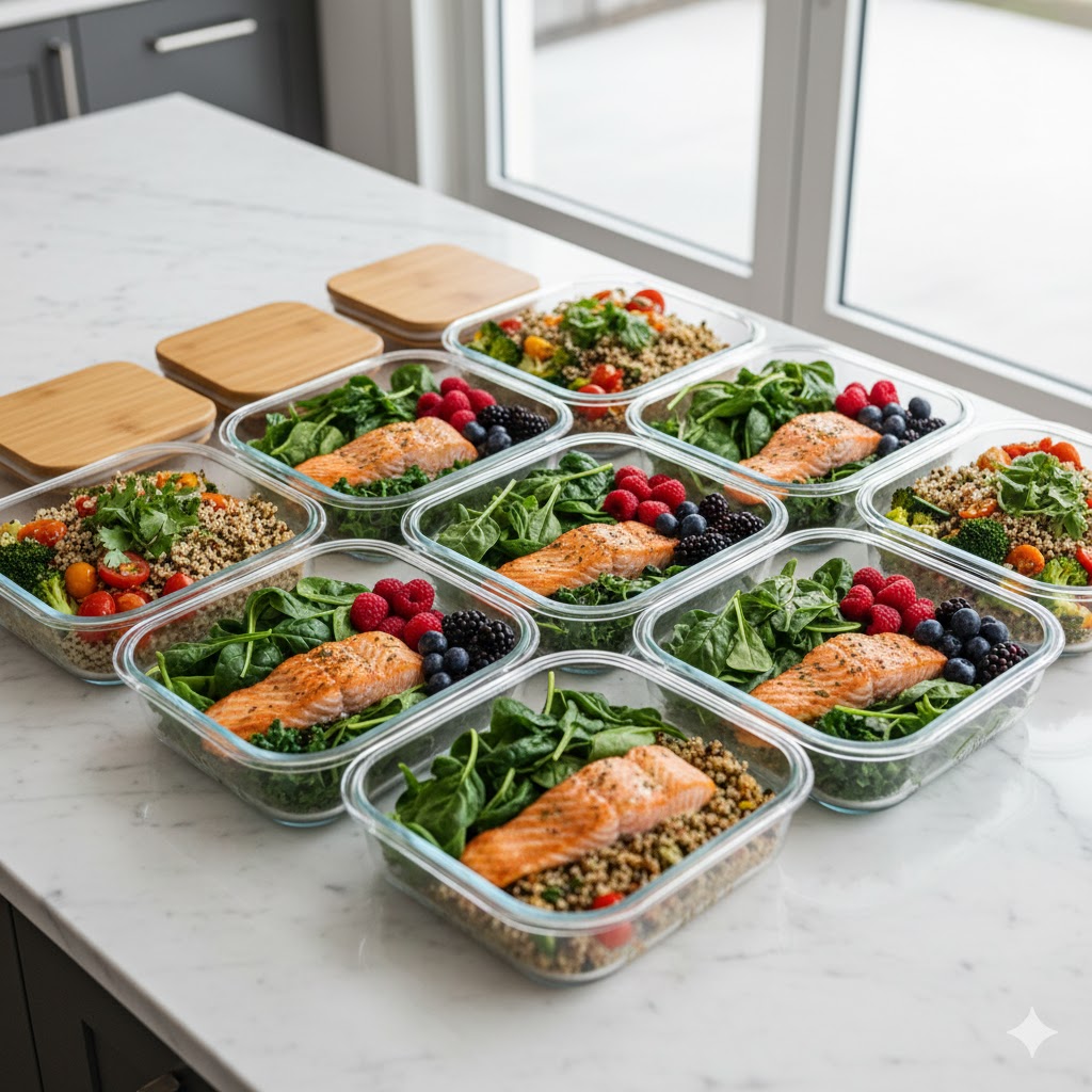 Seven prepped glass containers with anti-inflammatory Mediterranean meals for a 7-day plan