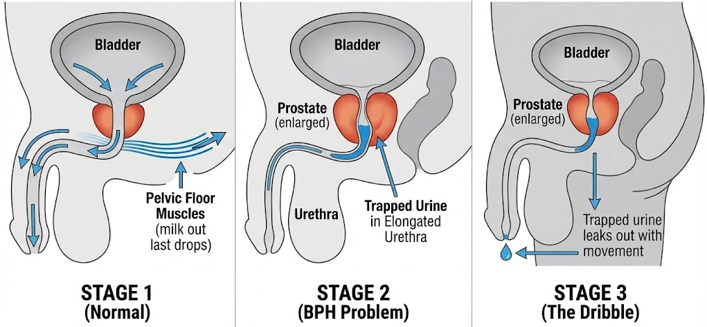 Three-stage diagram showing how BPH causes post-void dribbling: normal flow, urine trapped in pinched urethra, then leakage with movement.