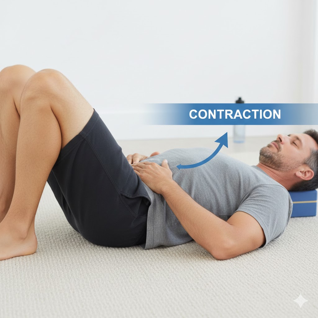 Man demonstrating the recommended starting position for pelvic floor exercises: lying on back with knees bent