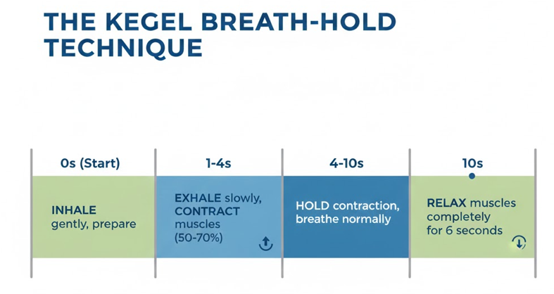 Timeline graphic showing coordinated breathing and muscle contraction/relaxation pattern for pelvic floor exercises