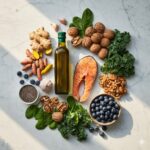 Mediterranean-style anti-inflammatory foods including olive oil, salmon, turmeric, and blueberries on marble surface