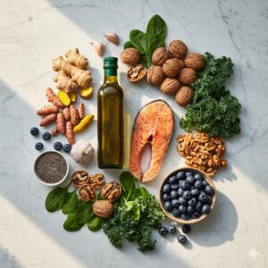 Mediterranean-style anti-inflammatory foods including olive oil, salmon, turmeric, and blueberries on marble surface