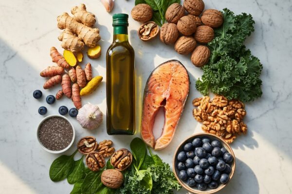 Mediterranean-style anti-inflammatory foods including olive oil, salmon, turmeric, and blueberries on marble surface