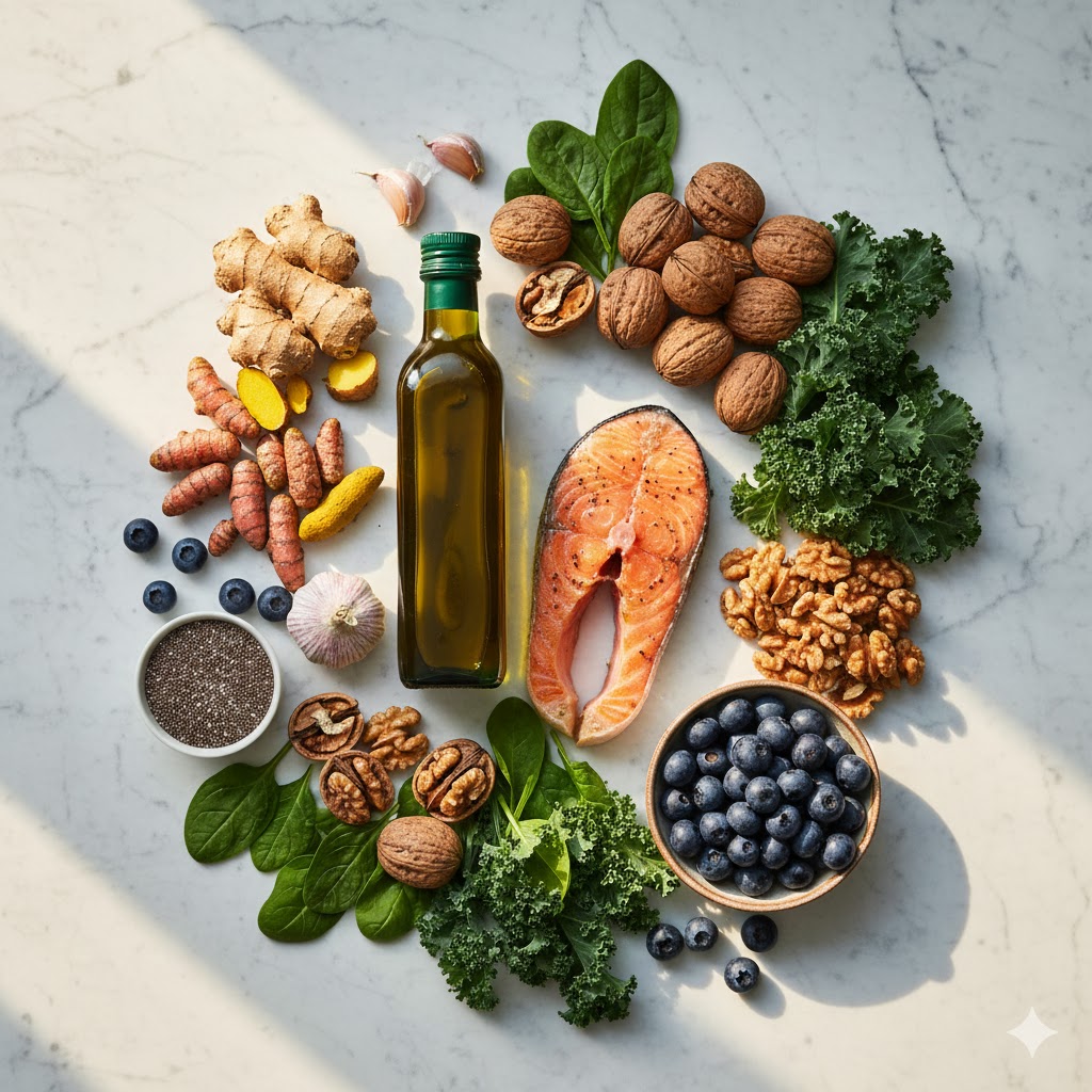Mediterranean-style anti-inflammatory foods including olive oil, salmon, turmeric, and blueberries on marble surface