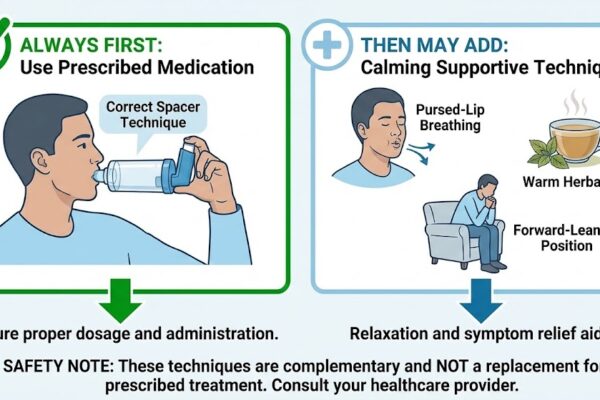 Safety-first approach to asthma attacks: Always use prescribed medication first, then may add calming natural supports as complementary approaches.