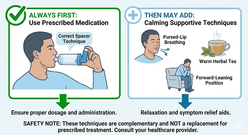 Safety-first approach to asthma attacks: Always use prescribed medication first, then may add calming natural supports as complementary approaches.