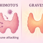 Illustration showing how autoimmune conditions like Hashimoto’s and Graves’ affect the thyroid gland.