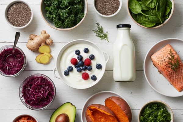 Flat-lay image of the top 12 foods for gut and skin health displayed on a clean background.