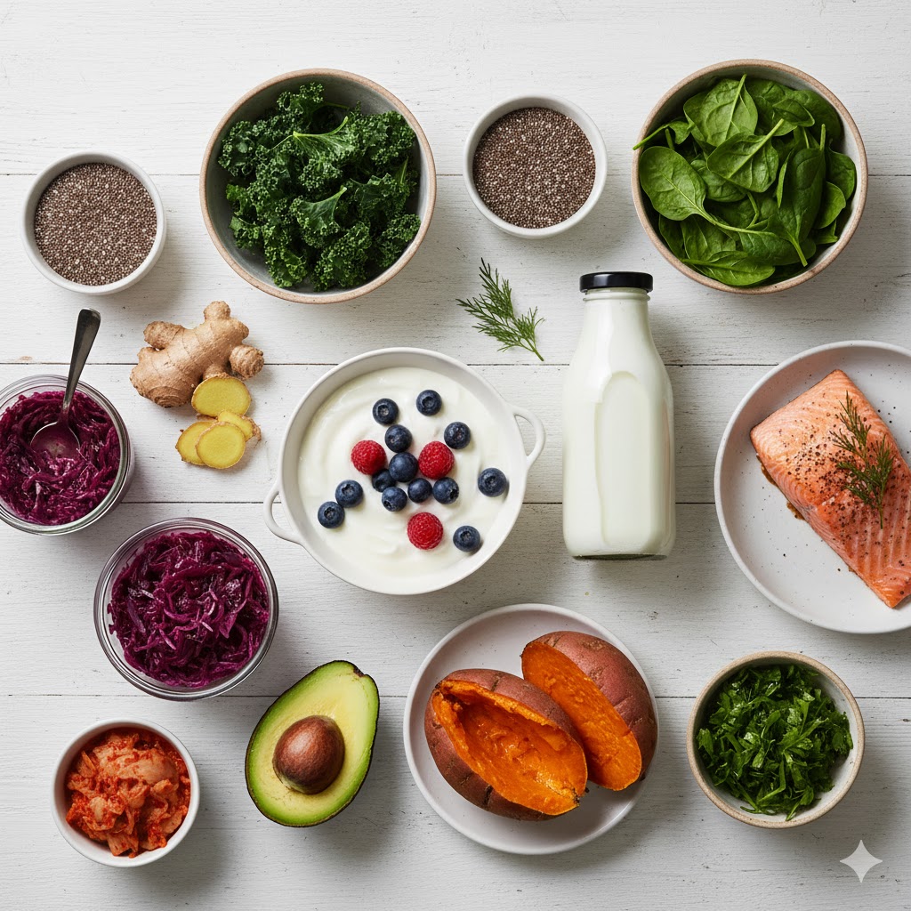 Flat-lay image of the top 12 foods for gut and skin health displayed on a clean background.