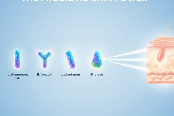 Infographic showing the four best probiotic strains for clear skin and their benefits.