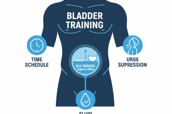 Infographic showing the goal of bladder retraining: increasing comfortable bladder capacity from a small, urgent volume to a larger, normal volume.