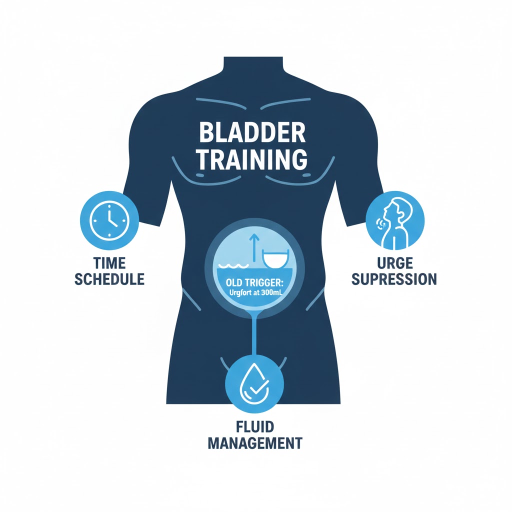 Infographic showing the goal of bladder retraining: increasing comfortable bladder capacity from a small, urgent volume to a larger, normal volume.
