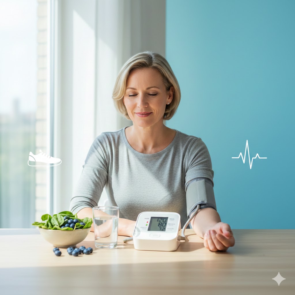 Blood Pressure Hub featured image showing a person measuring blood pressure with icons for nutrition, lifestyle habits, and heart health.