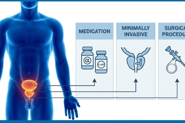 Infographic comparing BPH treatment pathways: medications, minimally invasive procedures, and surgery options."