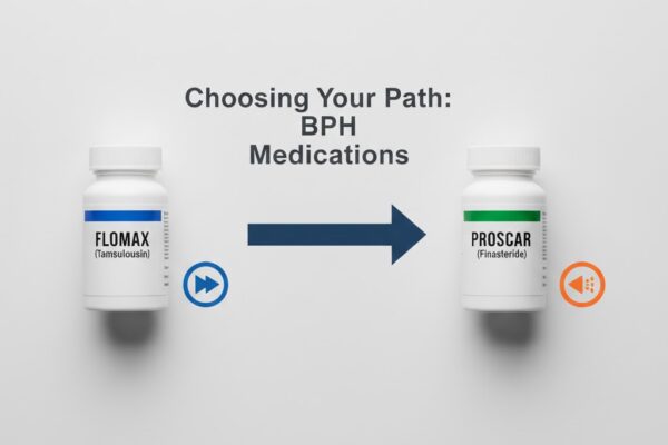 Visual comparison of two BPH medication paths: Flomax for fast relief vs. Proscar for long-term prostate shrinkage.