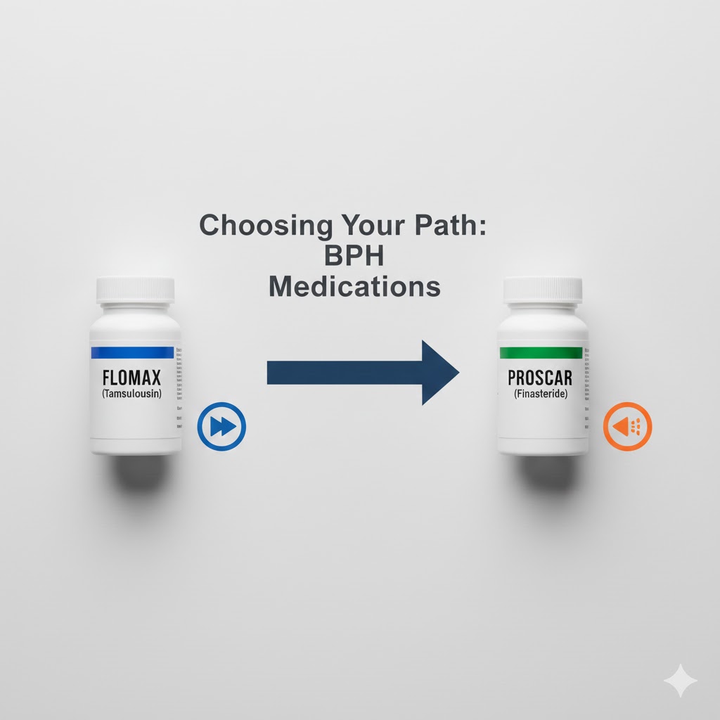 Visual comparison of two BPH medication paths: Flomax for fast relief vs. Proscar for long-term prostate shrinkage.