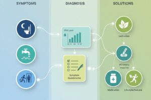 Visual guide to the Complete BPH Resource Hub showing symptom management, medical treatments, and natural remedy pathways