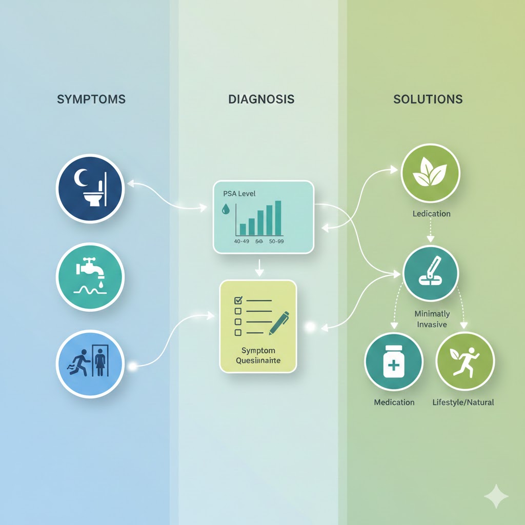Visual guide to the Complete BPH Resource Hub showing symptom management, medical treatments, and natural remedy pathways