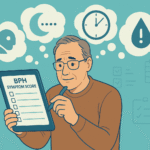 Man completing BPH self-assessment quiz on tablet with thought bubbles showing urinary symptoms (nocturia, weak stream, urgency)