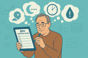 Man completing BPH self-assessment quiz on tablet with thought bubbles showing urinary symptoms (nocturia, weak stream, urgency)