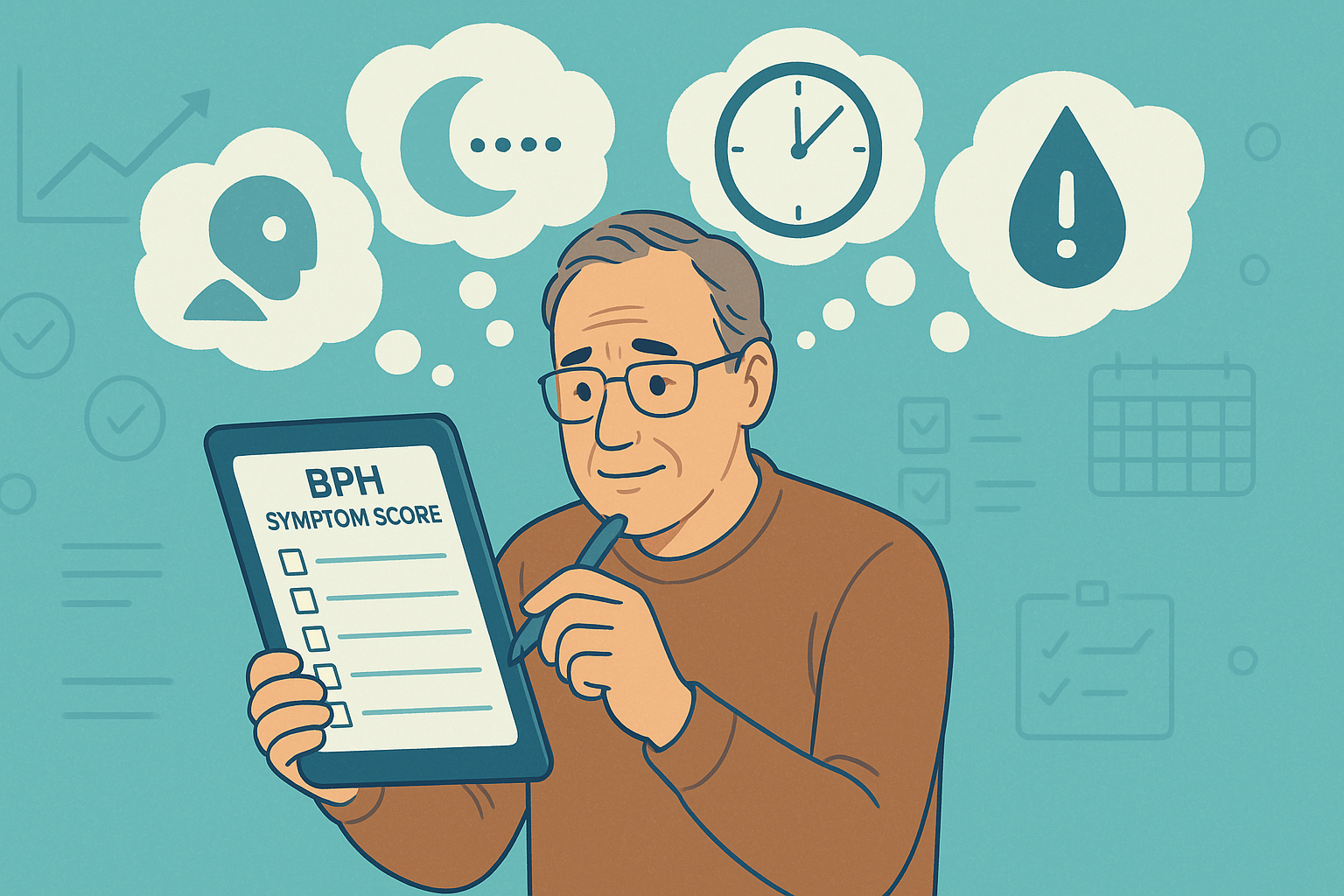 Man completing BPH self-assessment quiz on tablet with thought bubbles showing urinary symptoms (nocturia, weak stream, urgency)