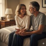A couple having an open, caring conversation about intimacy and health in their bedroom.