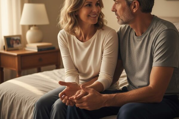 A couple having an open, caring conversation about intimacy and health in their bedroom.
