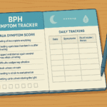 Printable BPH symptom tracker journal showing AUA score quiz and daily tracking pages on wooden desk