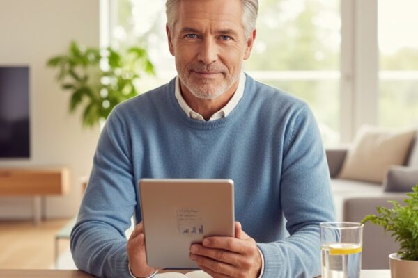 A mature man proactively tracking and managing his BPH symptoms at home with a notebook and digital device."