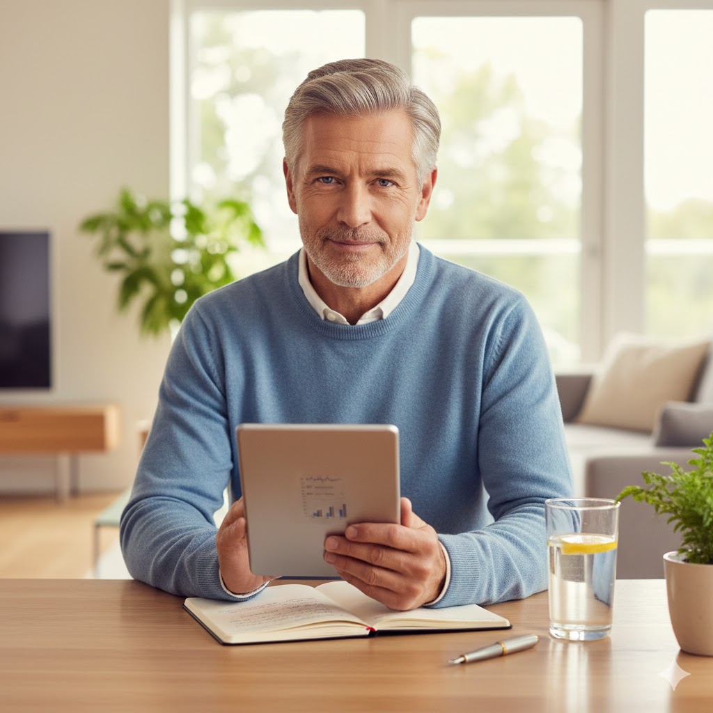 A mature man proactively tracking and managing his BPH symptoms at home with a notebook and digital device."