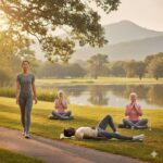 People practicing various evidence-based breathing techniques to manage shortness of breath naturally in different settings.