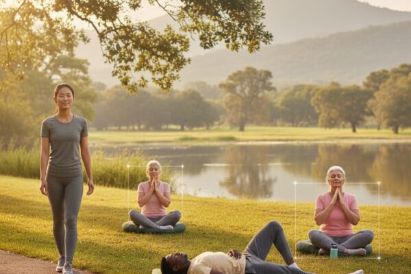 People practicing various evidence-based breathing techniques to manage shortness of breath naturally in different settings.