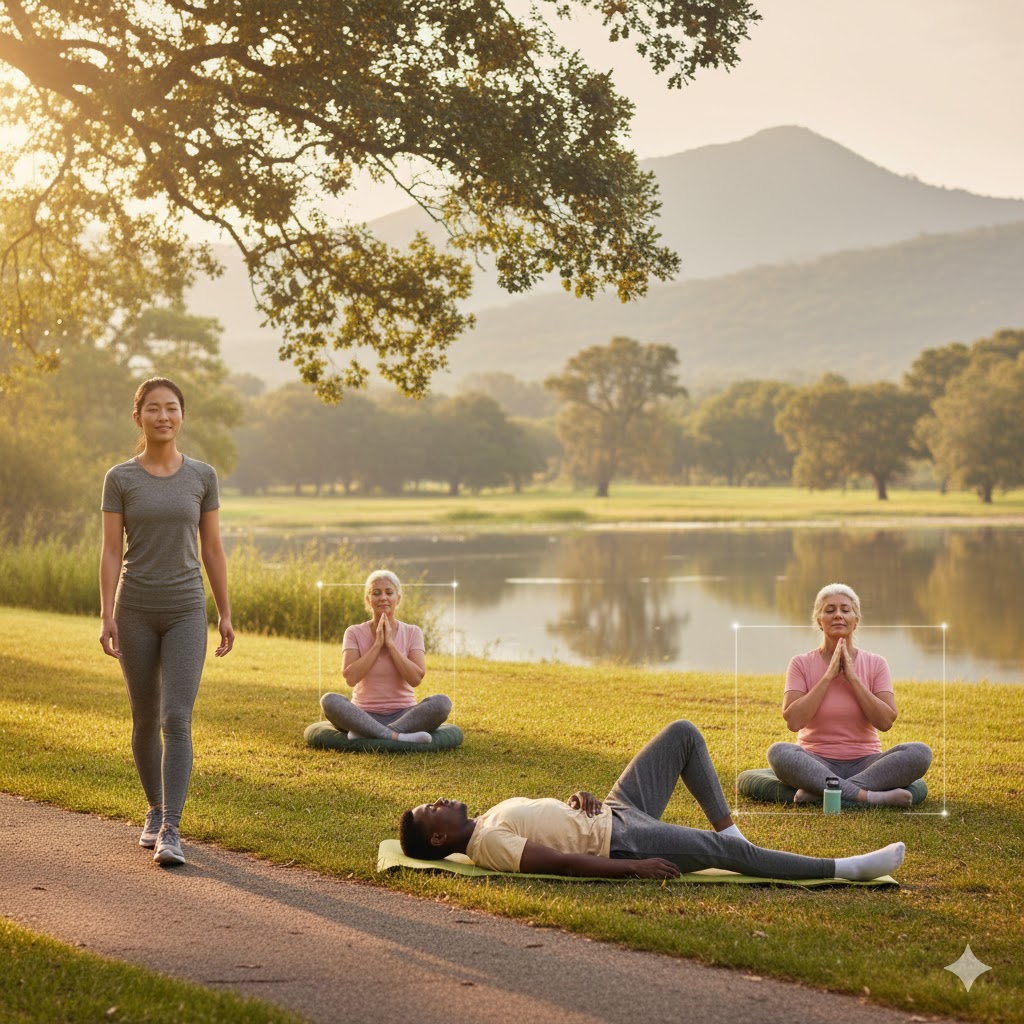 People practicing various evidence-based breathing techniques to manage shortness of breath naturally in different settings.