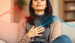 Woman practicing breathing exercise to break the anxiety and shortness of breath cycle, with visual representation of calm vs. anxious states.