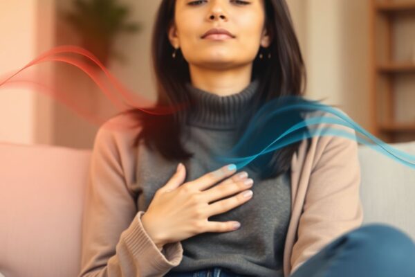 Woman practicing breathing exercise to break the anxiety and shortness of breath cycle, with visual representation of calm vs. anxious states.