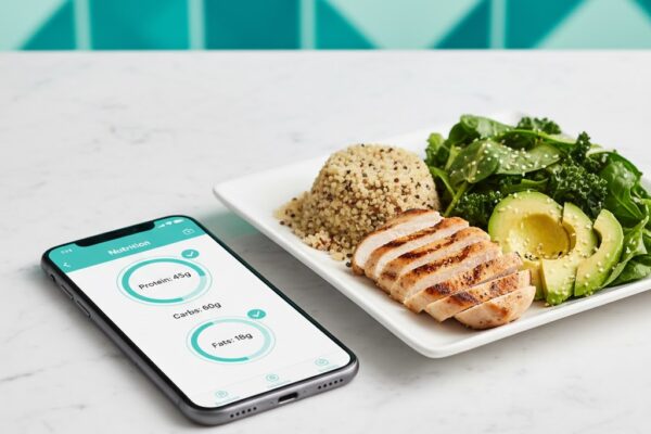Smartphone macro tracking app next to balanced meal with chicken, quinoa, and avocado