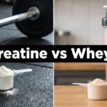 Creatine scoop and whey protein shake side by side with “Creatine vs Whey?” text.