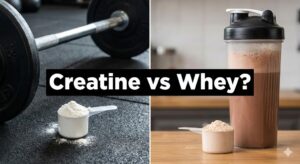 Creatine scoop and whey protein shake side by side with “Creatine vs Whey?” text.