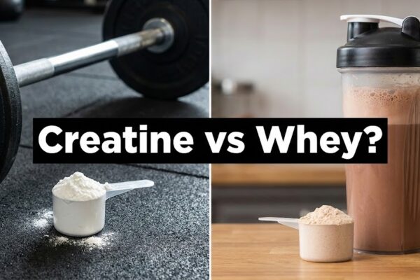 Creatine scoop and whey protein shake side by side with “Creatine vs Whey?” text.