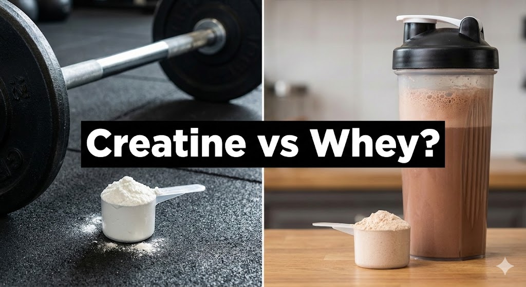 Creatine scoop and whey protein shake side by side with “Creatine vs Whey?” text.