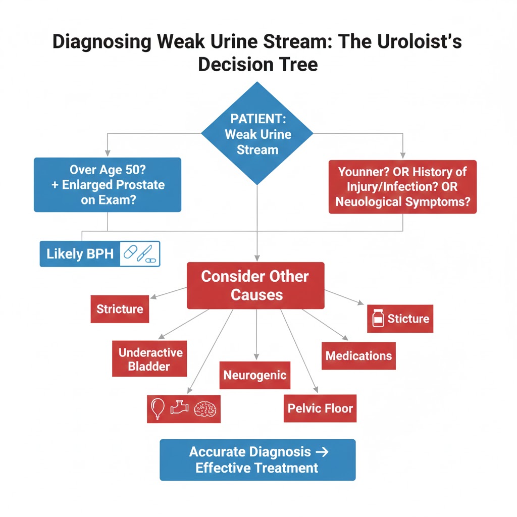Flowchart diagram showing a urologist's diagnostic decision tree for weak urine stream, comparing BPH pathway vs. 5 alternative causes like stricture, underactive bladder, and nerve issues.