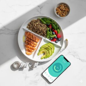 Balanced weight loss diet plan with protein, healthy fats, complex carbohydrates, and nutrition tracking