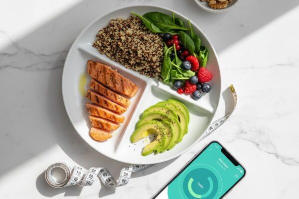 Balanced weight loss diet plan with protein, healthy fats, complex carbohydrates, and nutrition tracking